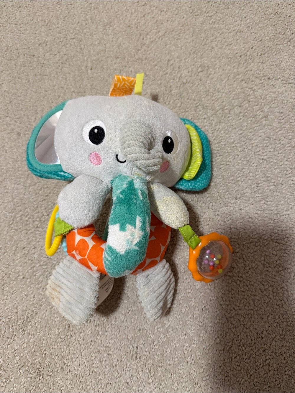 Plush Elephant Sensory Toy - Teal, Orange & White